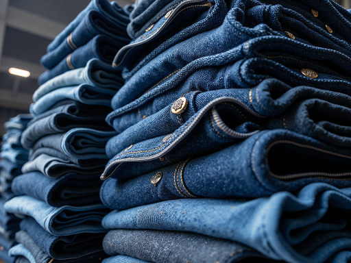 Various denim jeans and clothing items displayed on hangers and tables, showcasing different styles and colors in retail setting