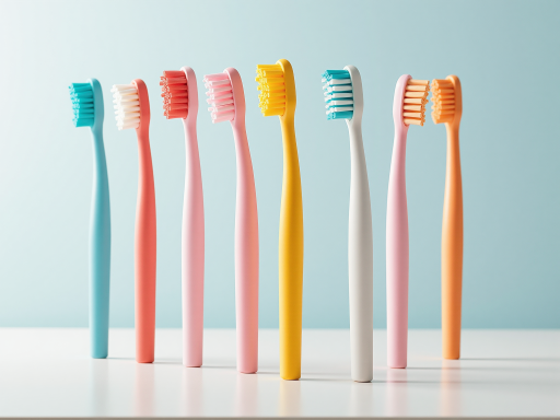 Oral care and hygiene products including toothbrushes, toothpaste, and personal care items arranged in neat rows